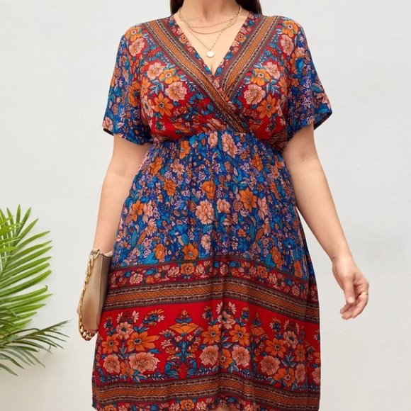 Boho Floral Multi color Surplice Neck Mini Dress - Picture 7 of 7